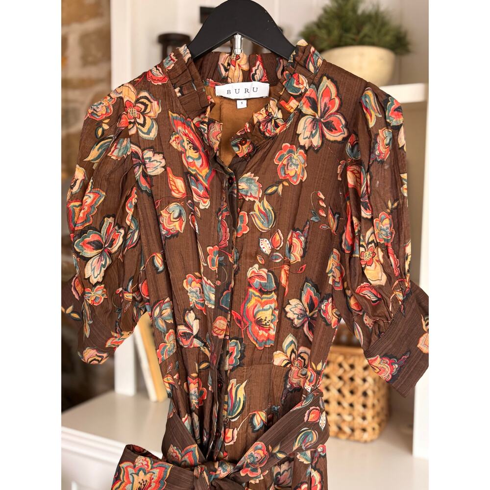 🌸 BURU Floral Print Belted Midi Dress | Size S | Brown Multicolor| Fall Wedding
